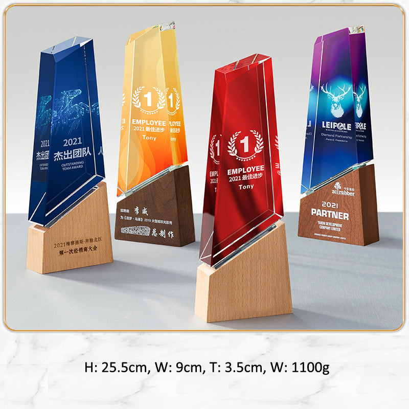 3D Engraving Customized Crystal Trophy Award Trapezoid Color Printing Beech Solid Wood Base Trophy/Award Prismuse   