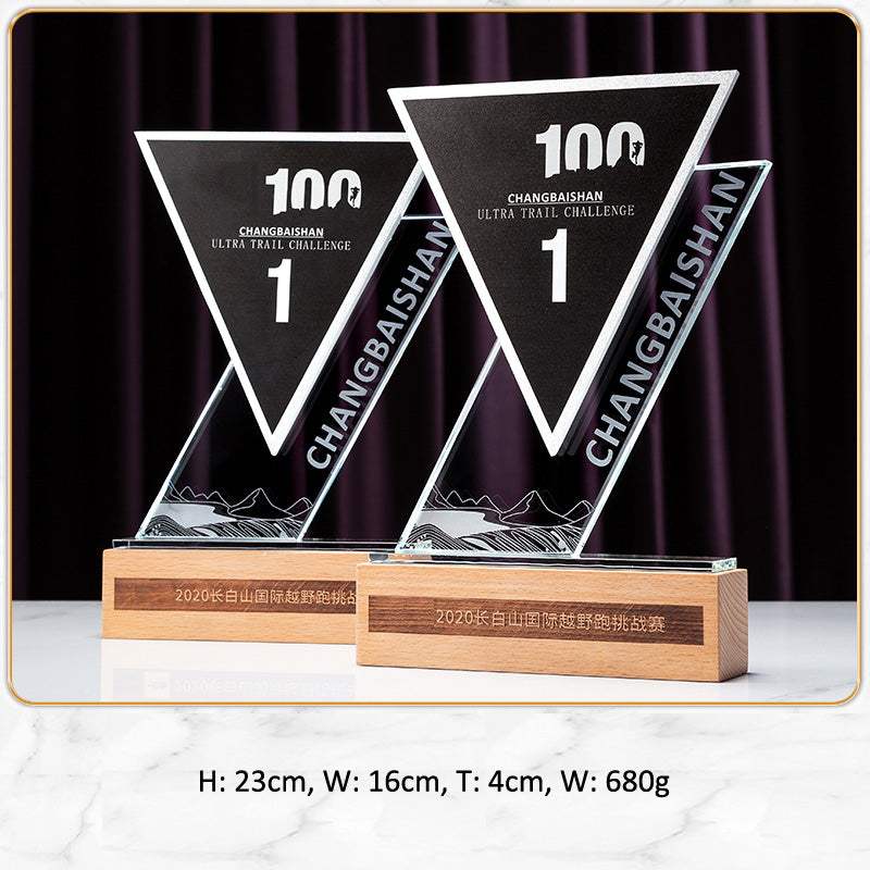 3D Engraving Customized Crystal Trophy Award Triangle Beech Base Trophy/Award Prismuse   