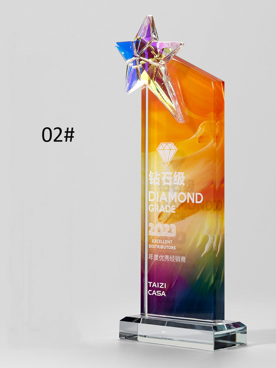 3D Engraving Customized Crystal Trophy Award Rectangle Top Star Gradient Natural Lustrous Glass Color Printing Glass Base Trophy/Award Prismuse 02  