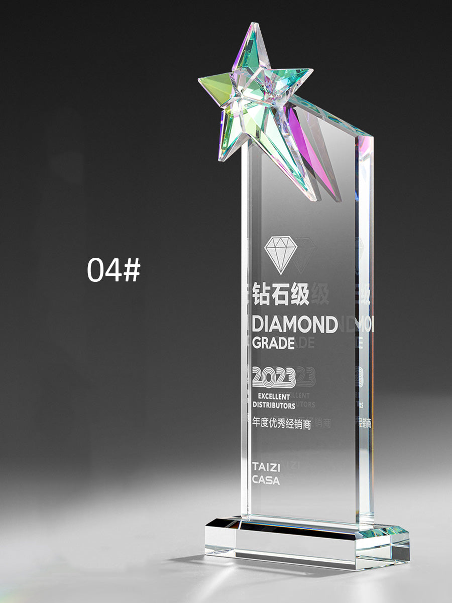 3D Engraving Customized Crystal Trophy Award Rectangle Top Star Gradient Natural Lustrous Glass Color Printing Glass Base Trophy/Award Prismuse 04  