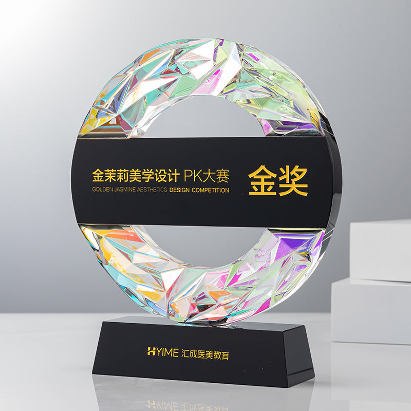 3D Engraving Customized Crystal Trophy Award Round Lustrous Glass Gradient Colorful Hollow Black Glass Base Trophy/Award Prismuse Black  