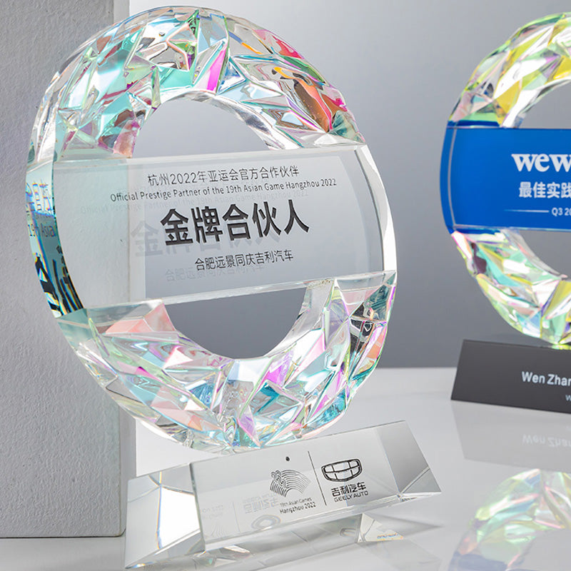 3D Engraving Customized Crystal Trophy Award Round Lustrous Glass Gradient Colorful Hollow Black Glass Base Trophy/Award Prismuse   
