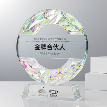 3D Engraving Customized Crystal Trophy Award Round Lustrous Glass Gradient Colorful Hollow Black Glass Base Trophy/Award Prismuse White  