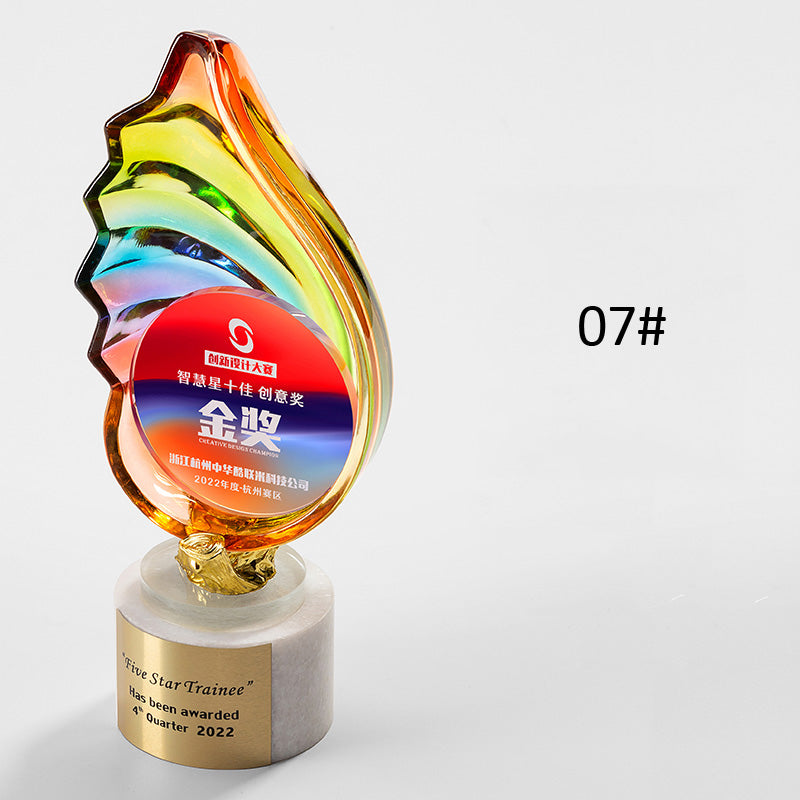 3D Engraving Customized Crystal Trophy Award Wings Shell Lustrous Glass Color Printing Trophy/Award Prismuse 07  