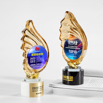 3D Engraving Customized Crystal Trophy Award Wings Shell Lustrous Glass Color Printing Trophy/Award Prismuse   