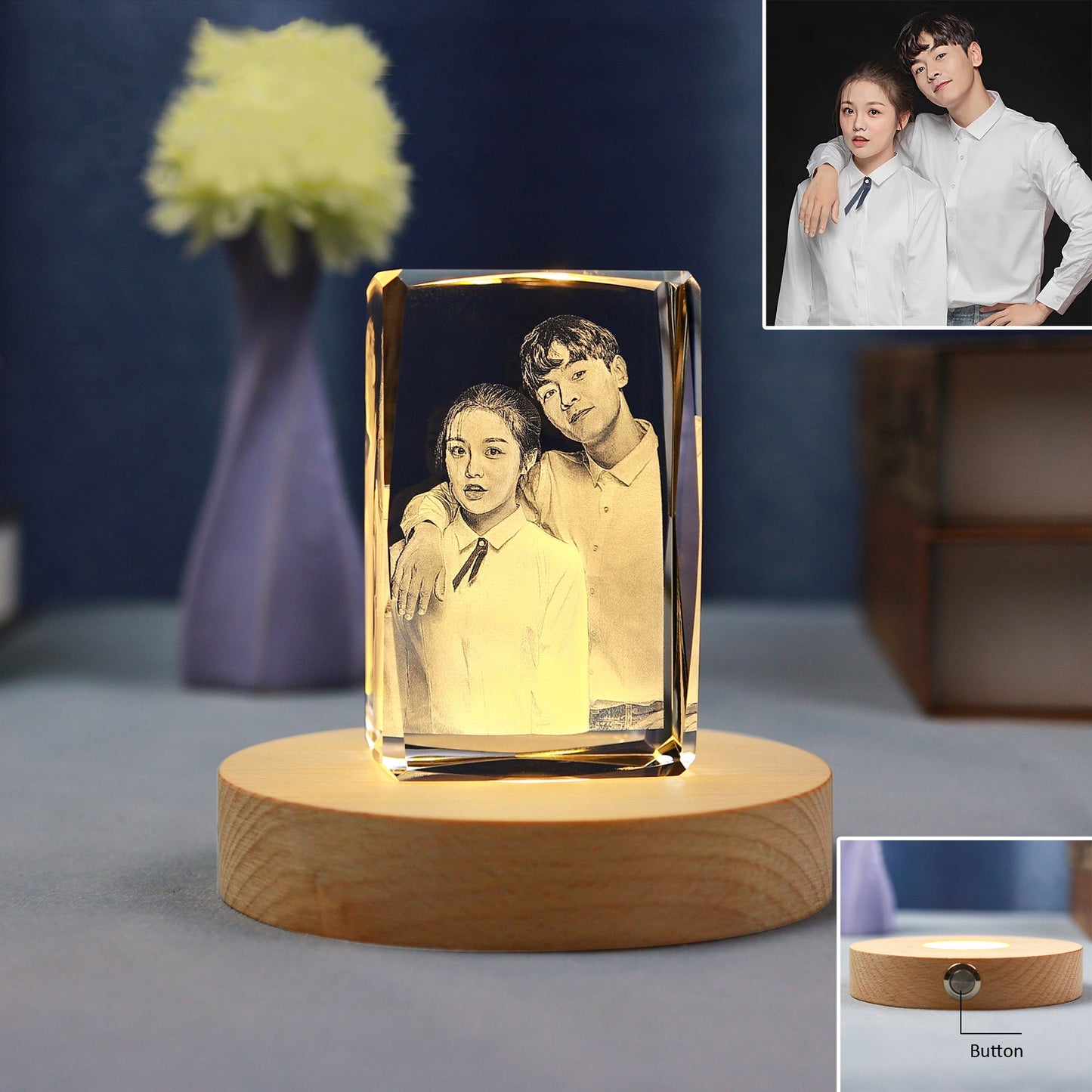 3D Photo Engrave Customized Crystal Cuboid Beech Base LED Light Desktop Ornament Crystal Crafts Prismuse   