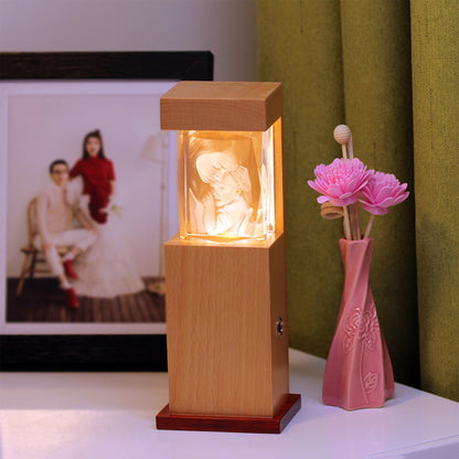3D Photo Engrave Customized Crystal Cuboid Straight Edges Cut Beech Pear Wood Base LED Night Light Desk Lamp Desktop Ornament Crystal Crafts Prismuse Cut Edges  