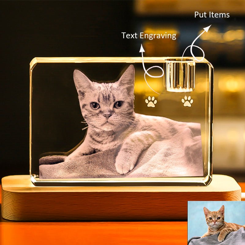 3D Photo Engrave Customized Crystal Cuboid With Hole Beech Base LED Light Desktop Ornament Crystal Crafts Prismuse   