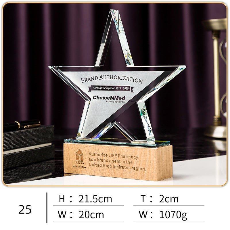 3D Engraving Customized Crystal Trophy Award Diamond Leaf Iceberg Hexagon Walnut Wood Trophy/Award Prismuse 25  