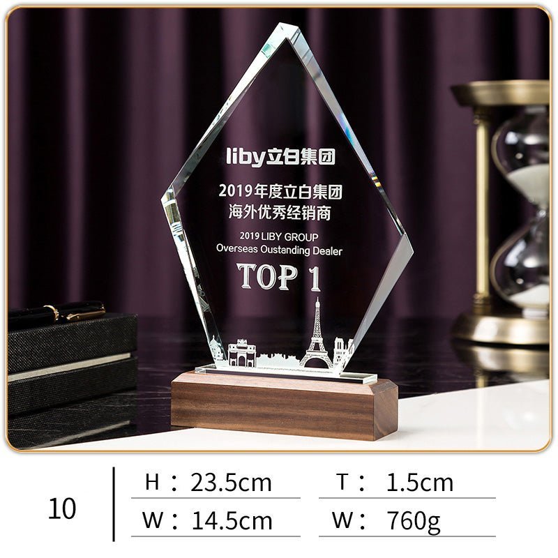 3D Engraving Customized Crystal Trophy Award Diamond Leaf Iceberg Hexagon Walnut Wood Trophy/Award Prismuse 10  