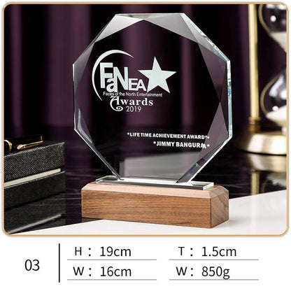 3D Engraving Customized Crystal Trophy Award Diamond Leaf Iceberg Hexagon Walnut Wood Trophy/Award Prismuse 03  