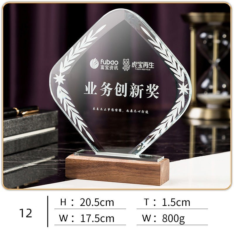 3D Engraving Customized Crystal Trophy Award Diamond Leaf Iceberg Hexagon Walnut Wood Trophy/Award Prismuse 12  