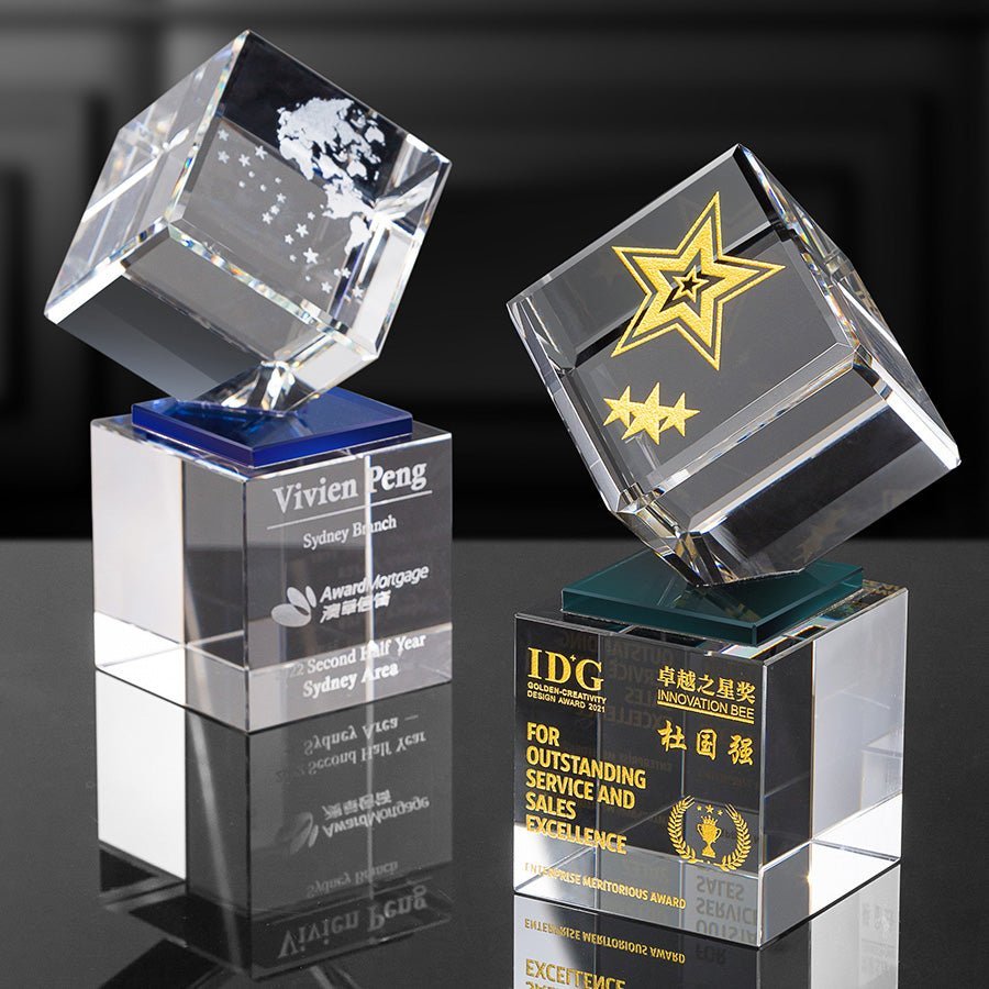 3D Engraving Customized Crystal Trophy Award Double Cube Rubik's Cube Transparent Trophy/Award Prismuse   