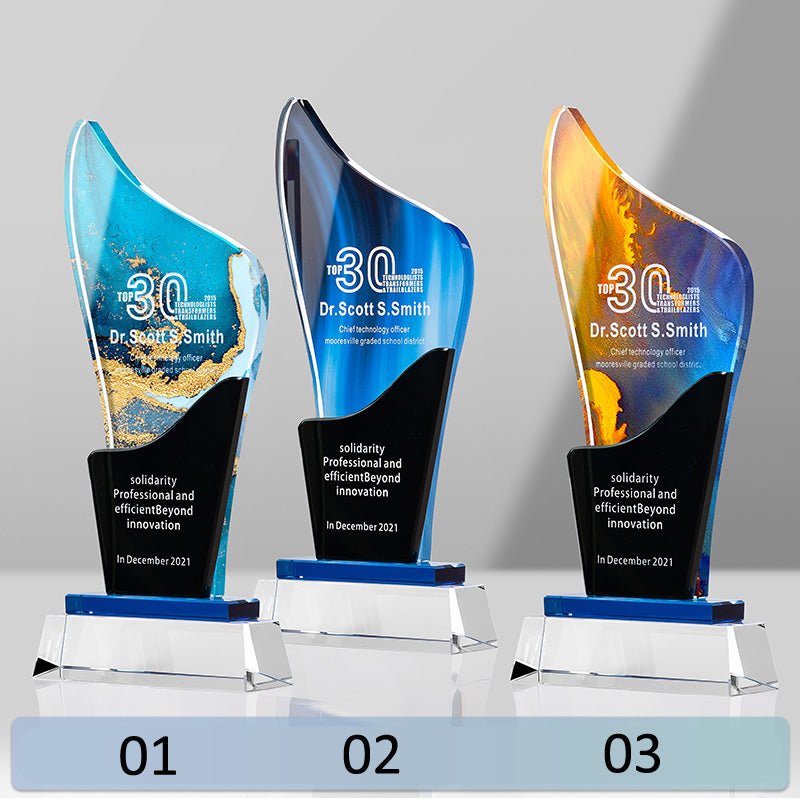 3D Engraving Customized Crystal Trophy Award Double Wavy Color Printing Glass Base Trophy/Award Prismuse 01  