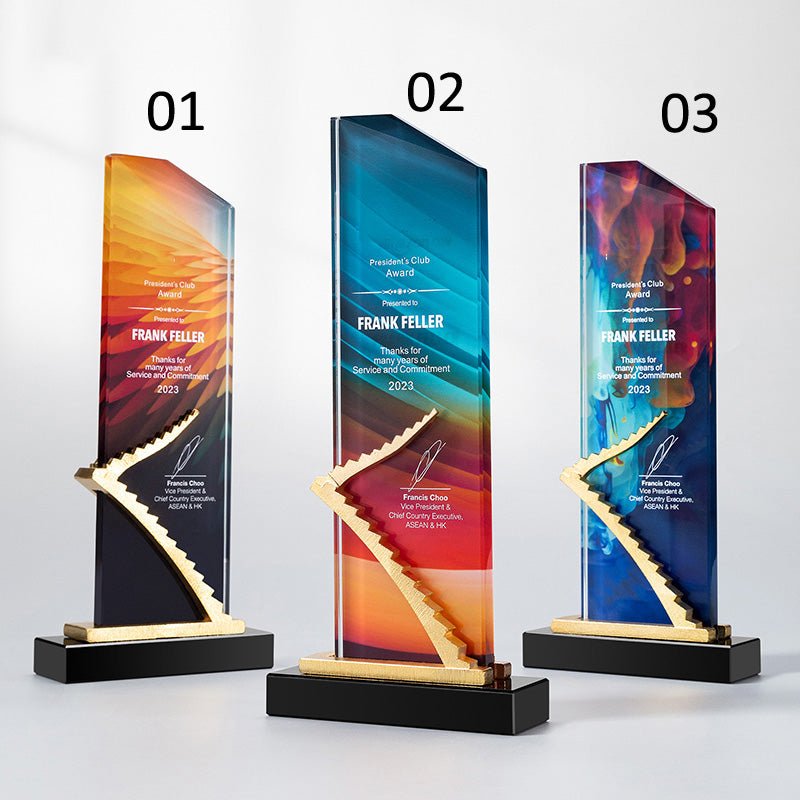 3D Engraving Customized Crystal Trophy Award Golden Ladders Stairs Color Printing Black Base Trophy/Award Prismuse 01  