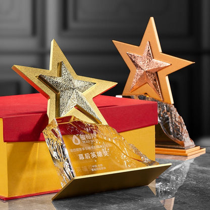 3D Engraving Customized Crystal Trophy Award Iceberg Double Stars Aluminum Base Gold Silver Bronze Trophy/Award Prismuse   