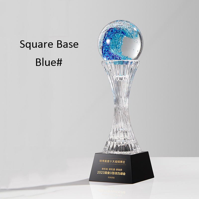 3D Engraving Customized Crystal Trophy Award Lustrous Glass Ball Square Round Black Base Red Blue Yellow Trophy/Award Prismuse Square Base Blue 