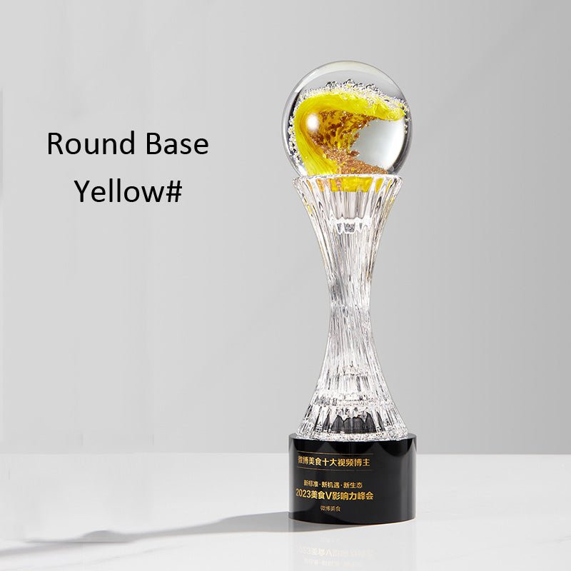 3D Engraving Customized Crystal Trophy Award Lustrous Glass Ball Square Round Black Base Red Blue Yellow Trophy/Award Prismuse Round Base Yellow 
